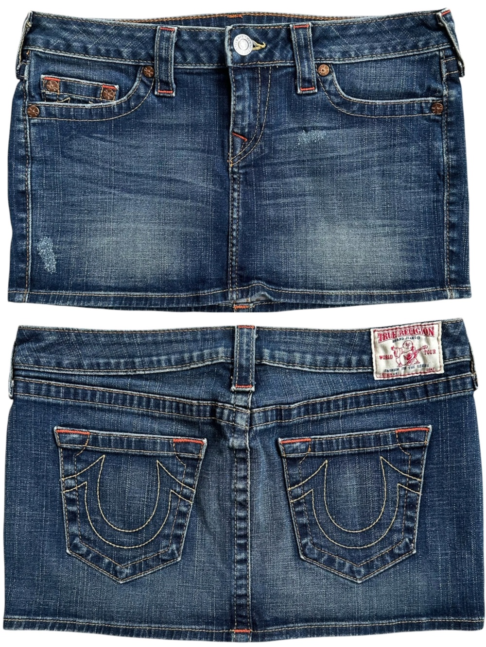 Vintage Y2K True Religion Dark Wash Low Rise Micro Mini Denim Skirt Size 29